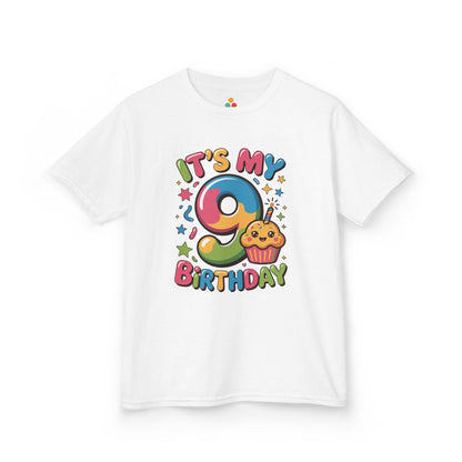 “White ‘It’s My 9th Birthday’ t-shirt with rainbow number 9, cute smiling cupcake and colorful stars, kids birthday design, flat front view.”

