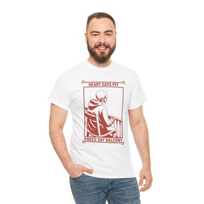 Male model wearing white “Heart Says Pit Knees Say Balcony” skeleton concert quote t-shirt, front view.