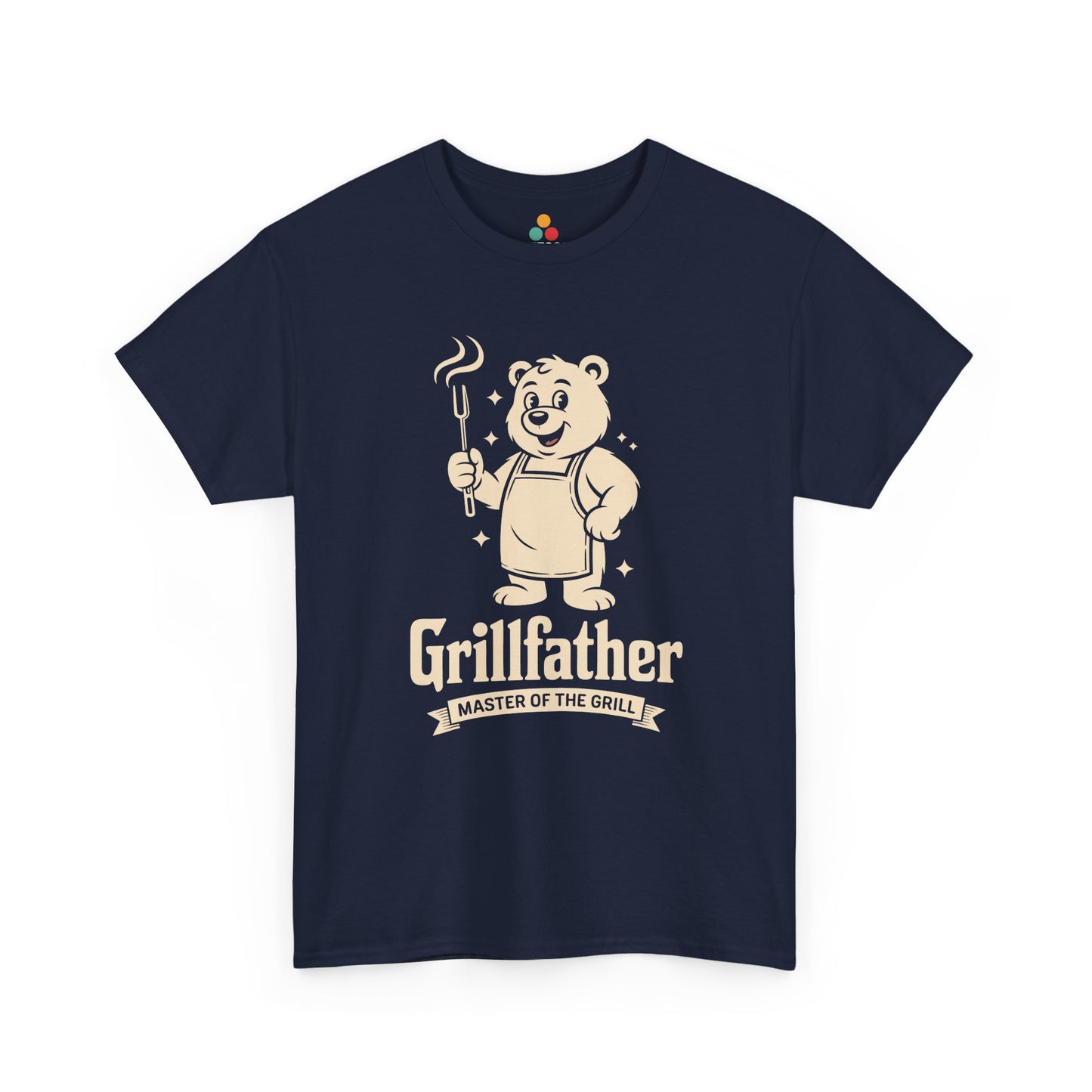 TEEZOCA navy “Grillfather Master Of The Grill” novelty BBQ dad T‑shirt displayed flat.
