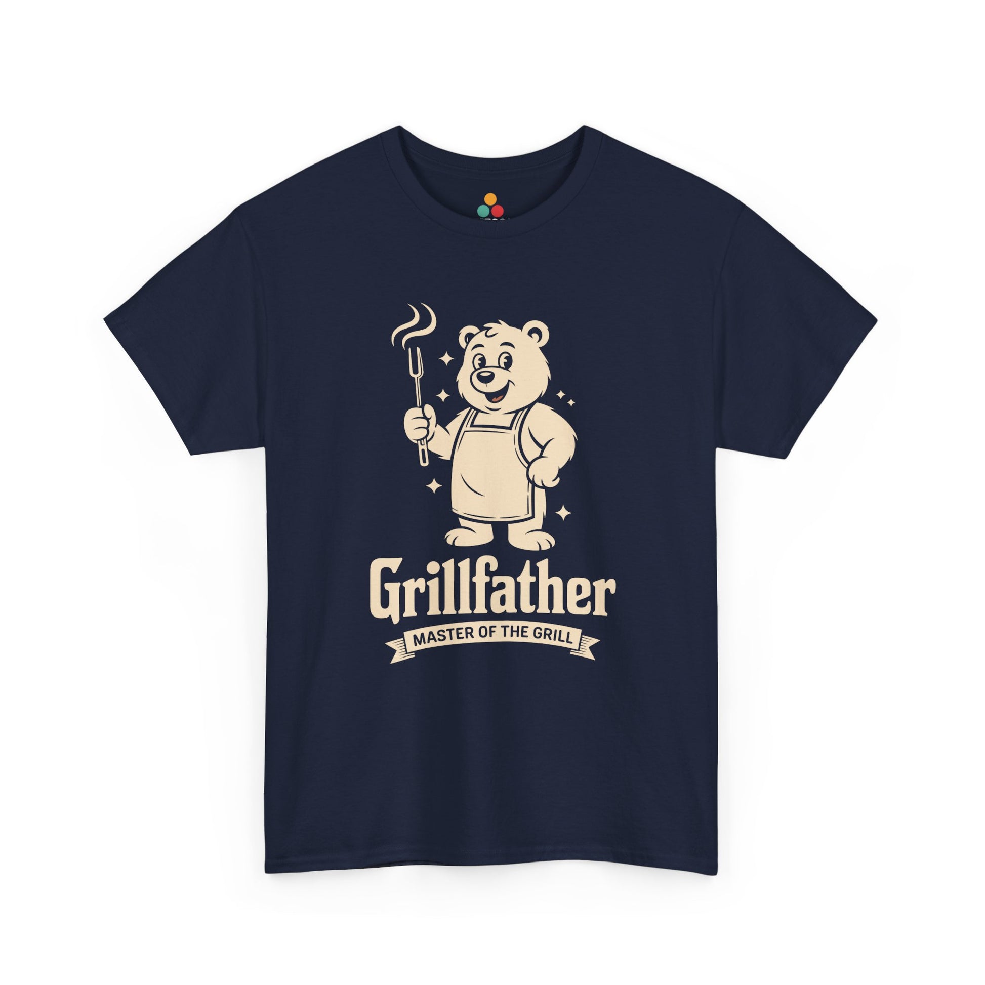 TEEZOCA navy “Grillfather Master Of The Grill” novelty BBQ dad T‑shirt displayed flat.