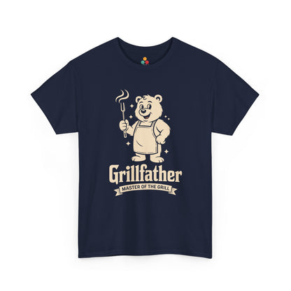 TEEZOCA navy “Grillfather Master Of The Grill” novelty BBQ dad T‑shirt displayed flat.
