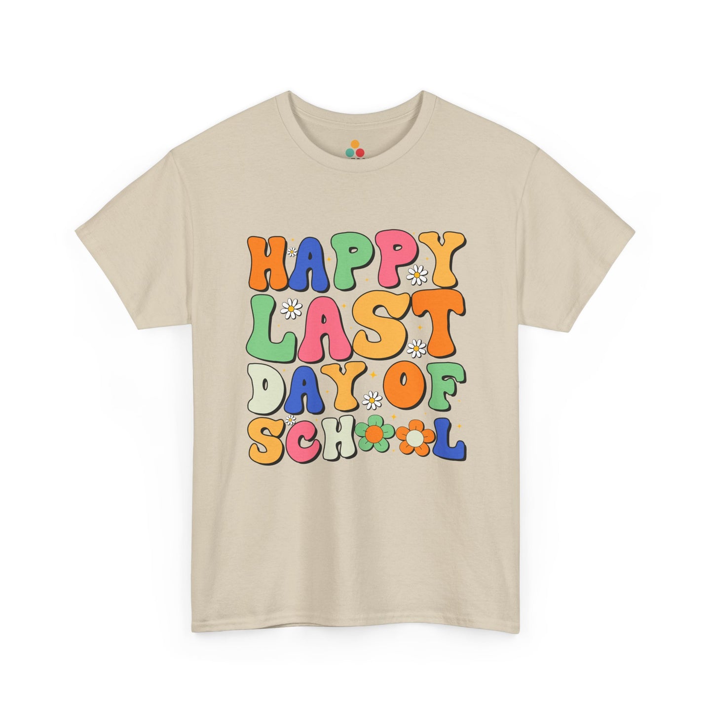 “Teezoca Happy Last Day of School t-shirt, retro rainbow letters design, athletic gray tee, front view.”

