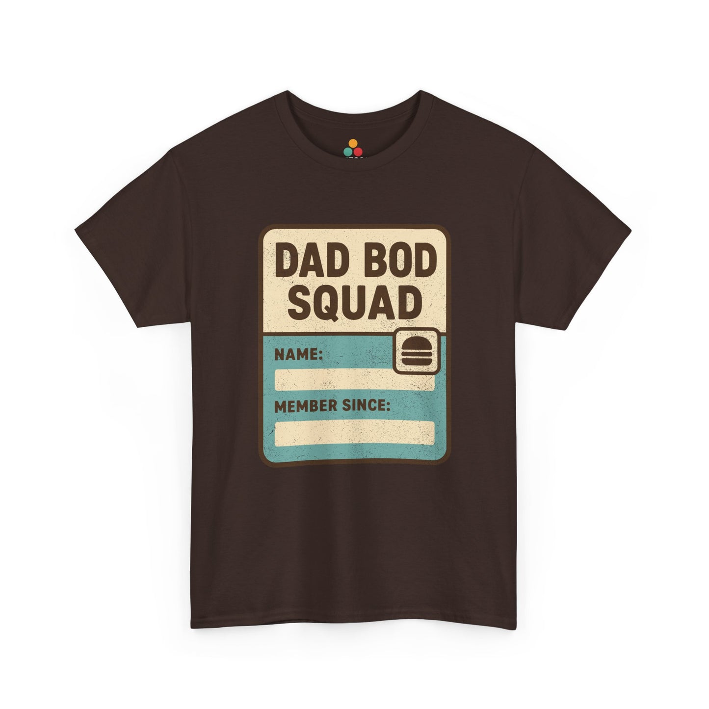 Brown t‑shirt with retro “Dad Bod Squad” badge and distressed text, flat front view.