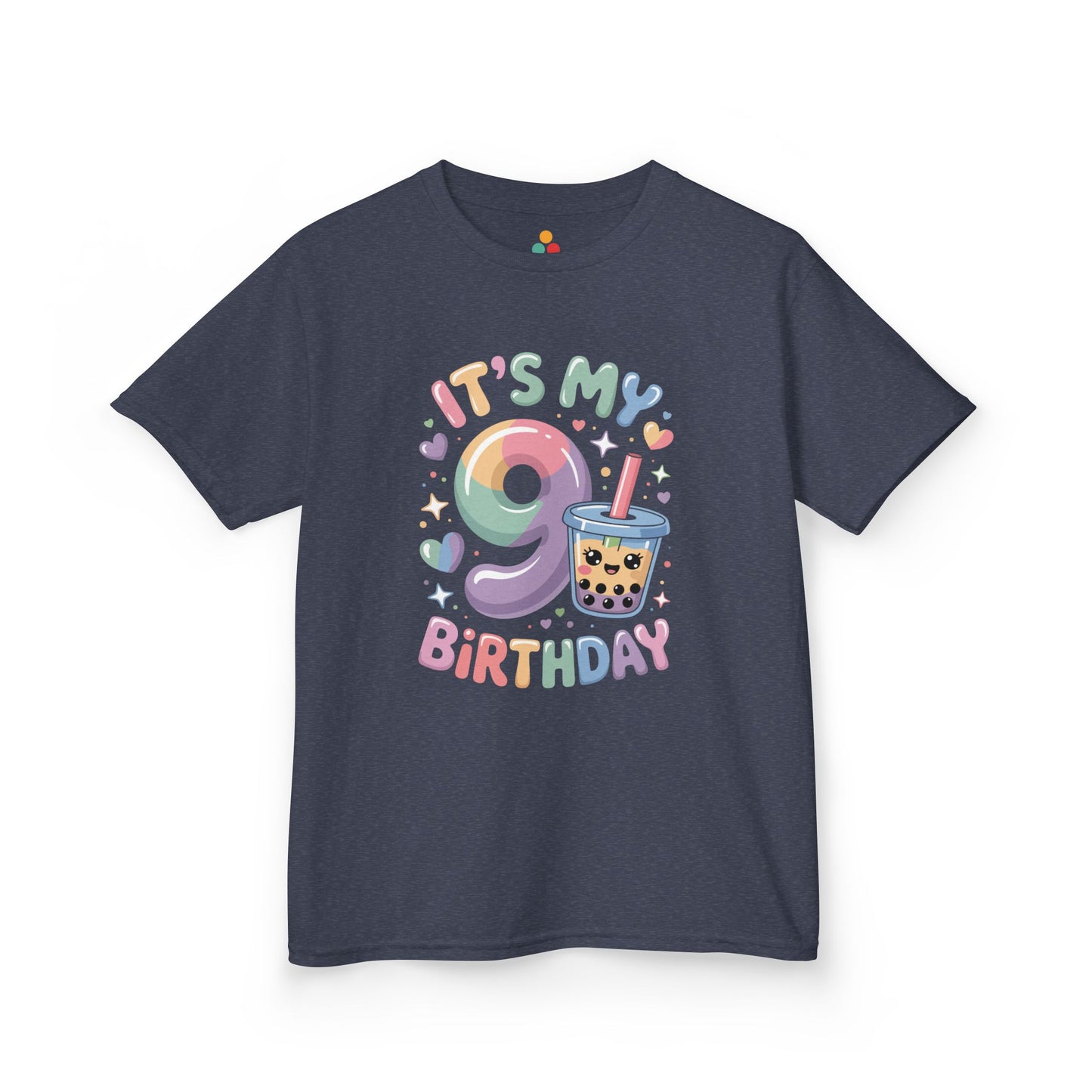 "Dark heather 'It's My 9th Birthday' kids t-shirt, cute bubble tea and stars birthday design, front view."

