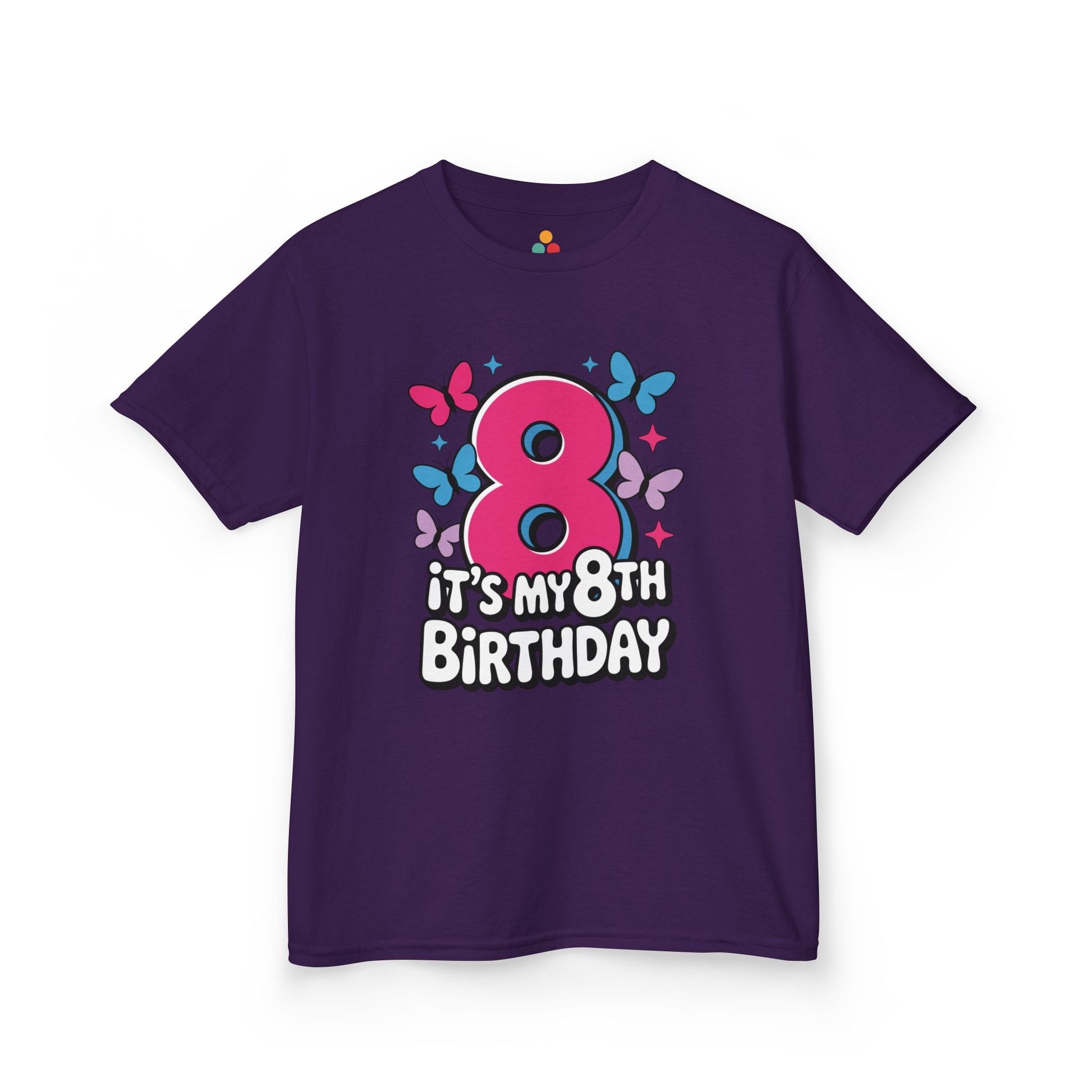 “Purple kids ‘It’s My 8th Birthday’ butterfly t-shirt, pink number 8 with stars, front view.”

