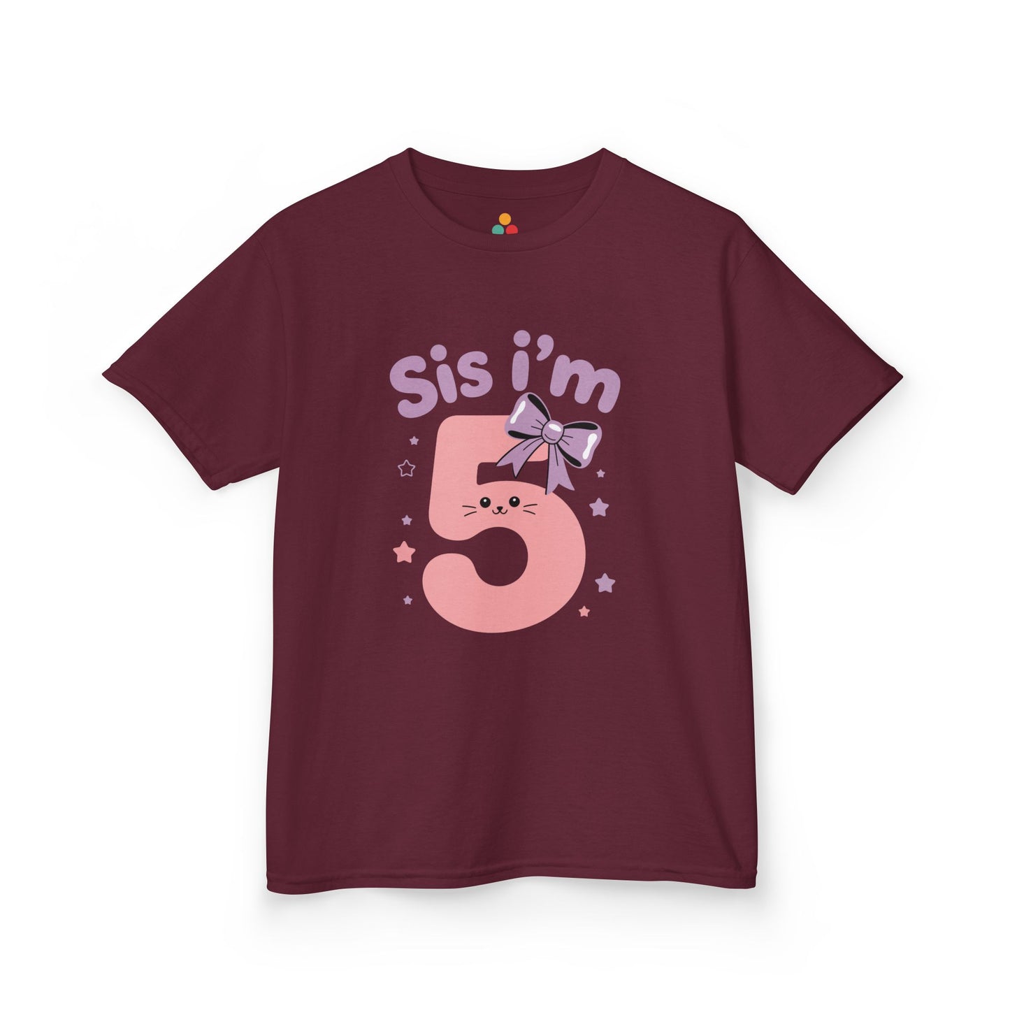 Maroon: Maroon kids’ t‑shirt with pink “Sis I’m 5” kitty face, lilac bow, and pastel stars, flat front view.