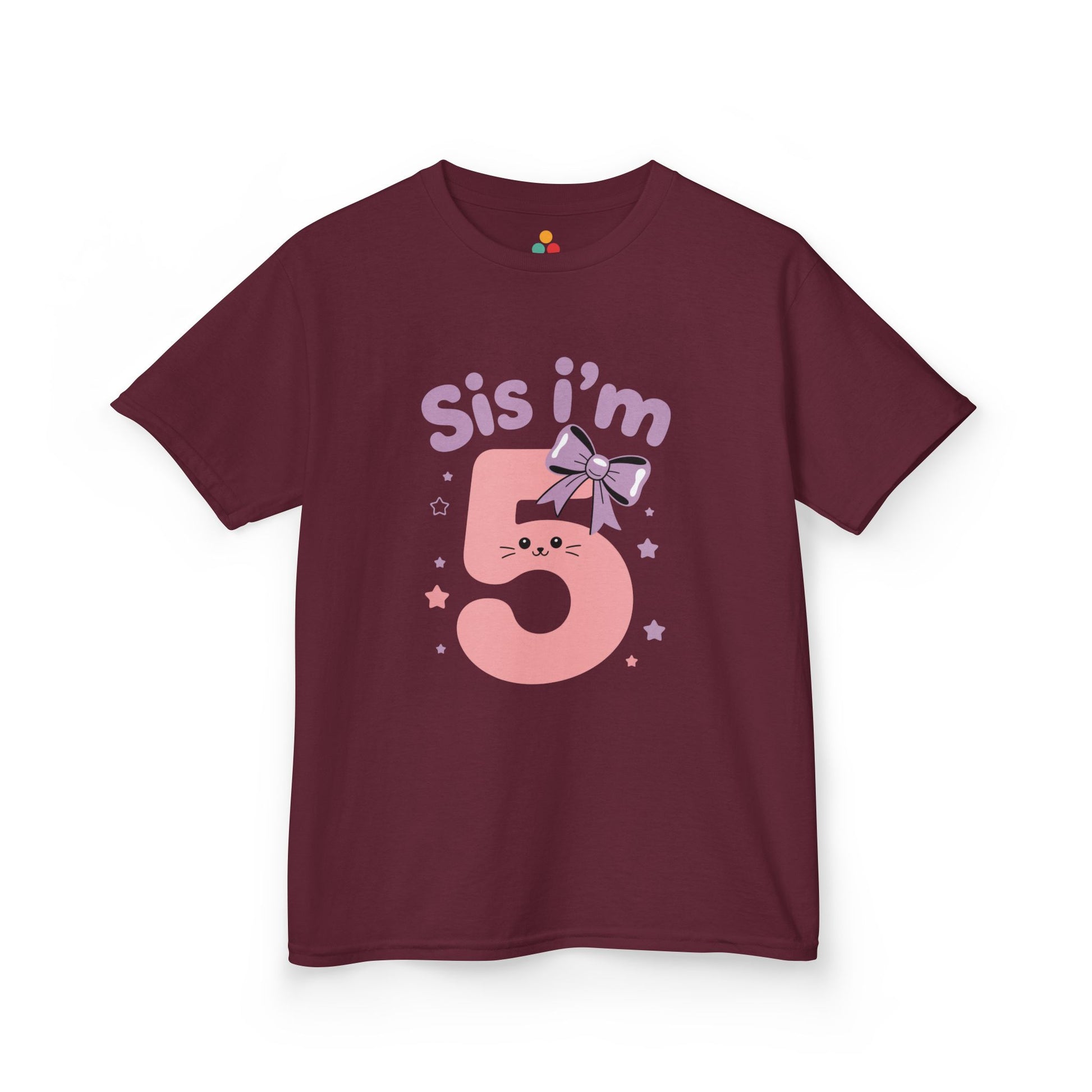 Maroon: Maroon kids’ t‑shirt with pink “Sis I’m 5” kitty face, lilac bow, and pastel stars, flat front view.