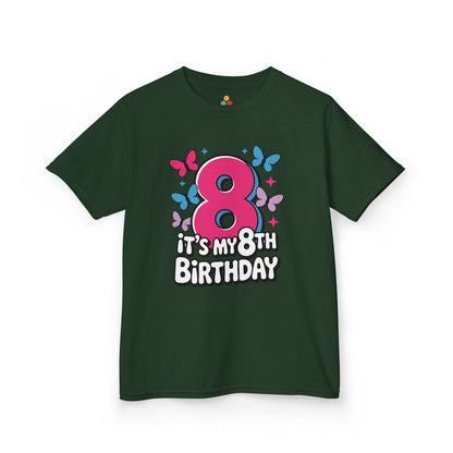 “Forest green ‘It’s My 8th Birthday’ butterfly shirt, pink number 8 graphic, flat front.”

