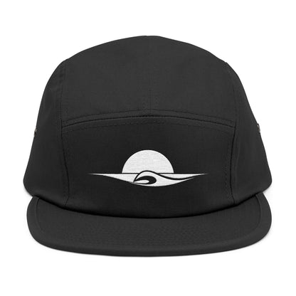 Black cap with a white logo on a white background. Minimal sunset and wave outline embroidered on a 5-panel cap by TEEZOCA
