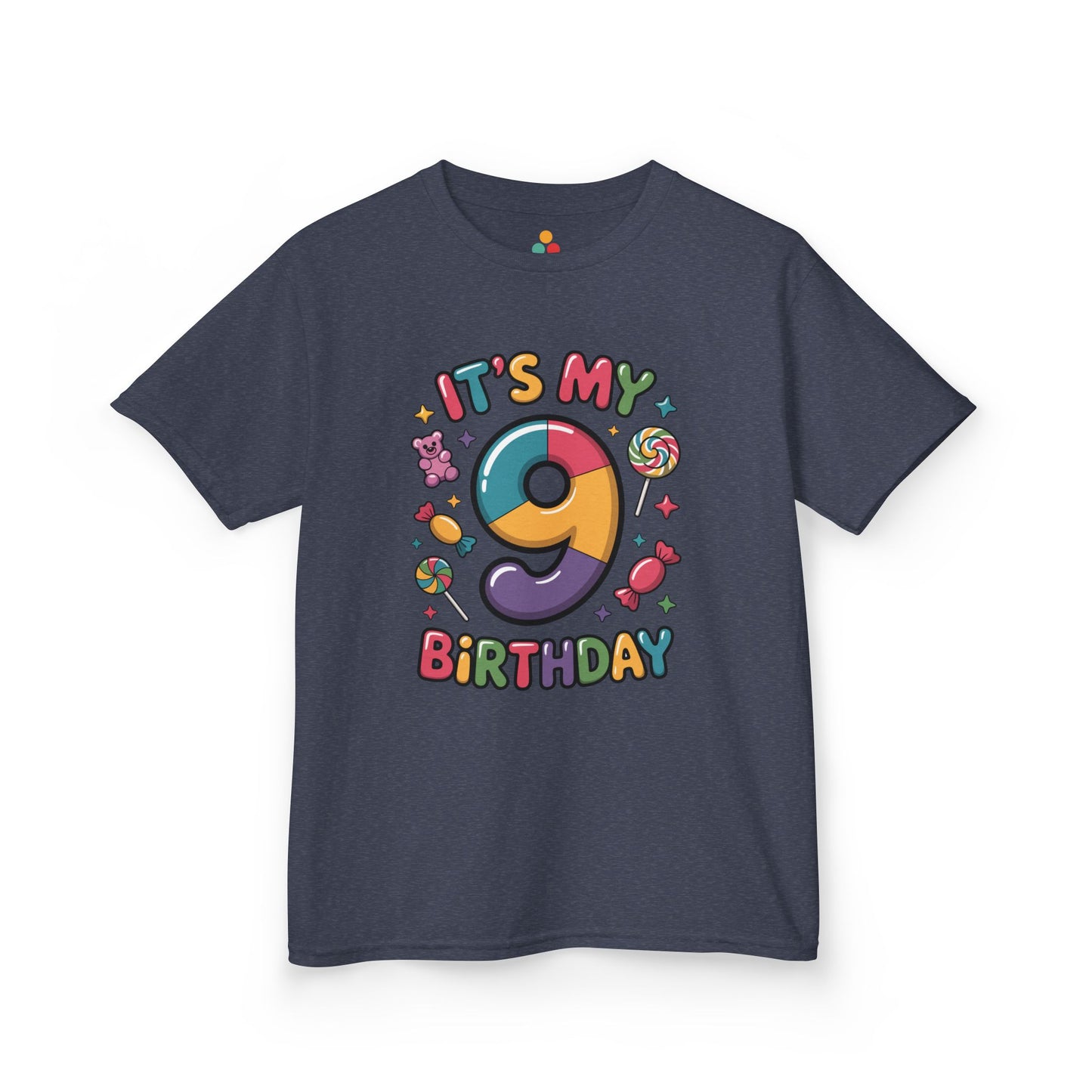 “Purple kids ‘It’s My 9th Birthday’ candy t-shirt, rainbow number 9 and sweets graphic, front view.”


