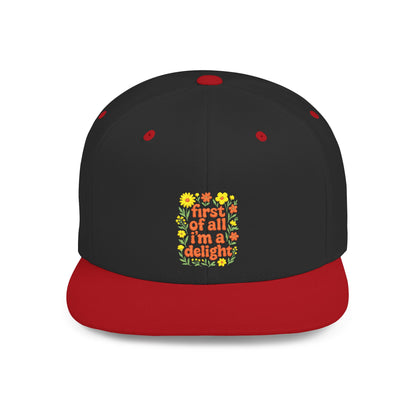 Black and red cap with colorful floral design and text on a white background