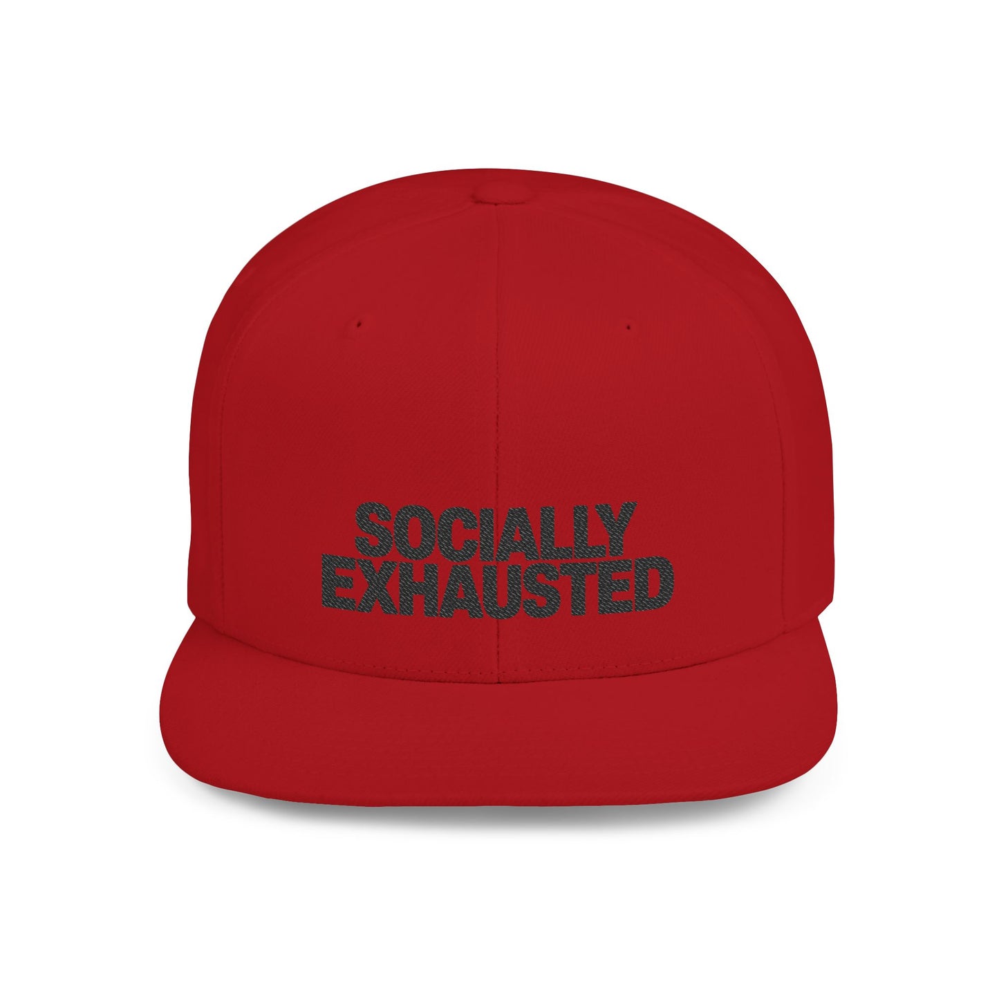 Red cap with 'SOCIALLY EXHAUSTED' text on a white background
