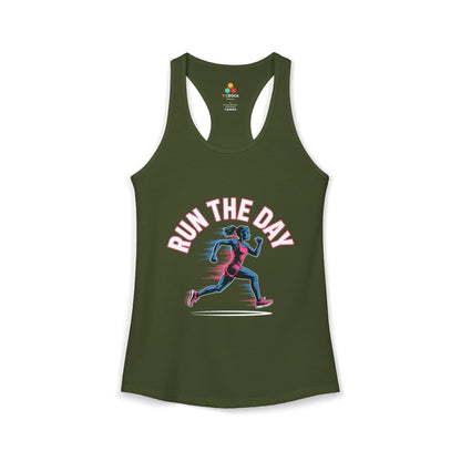 TEEZOCA women’s running tank top with motivational “Run The Day” fitness graphic
