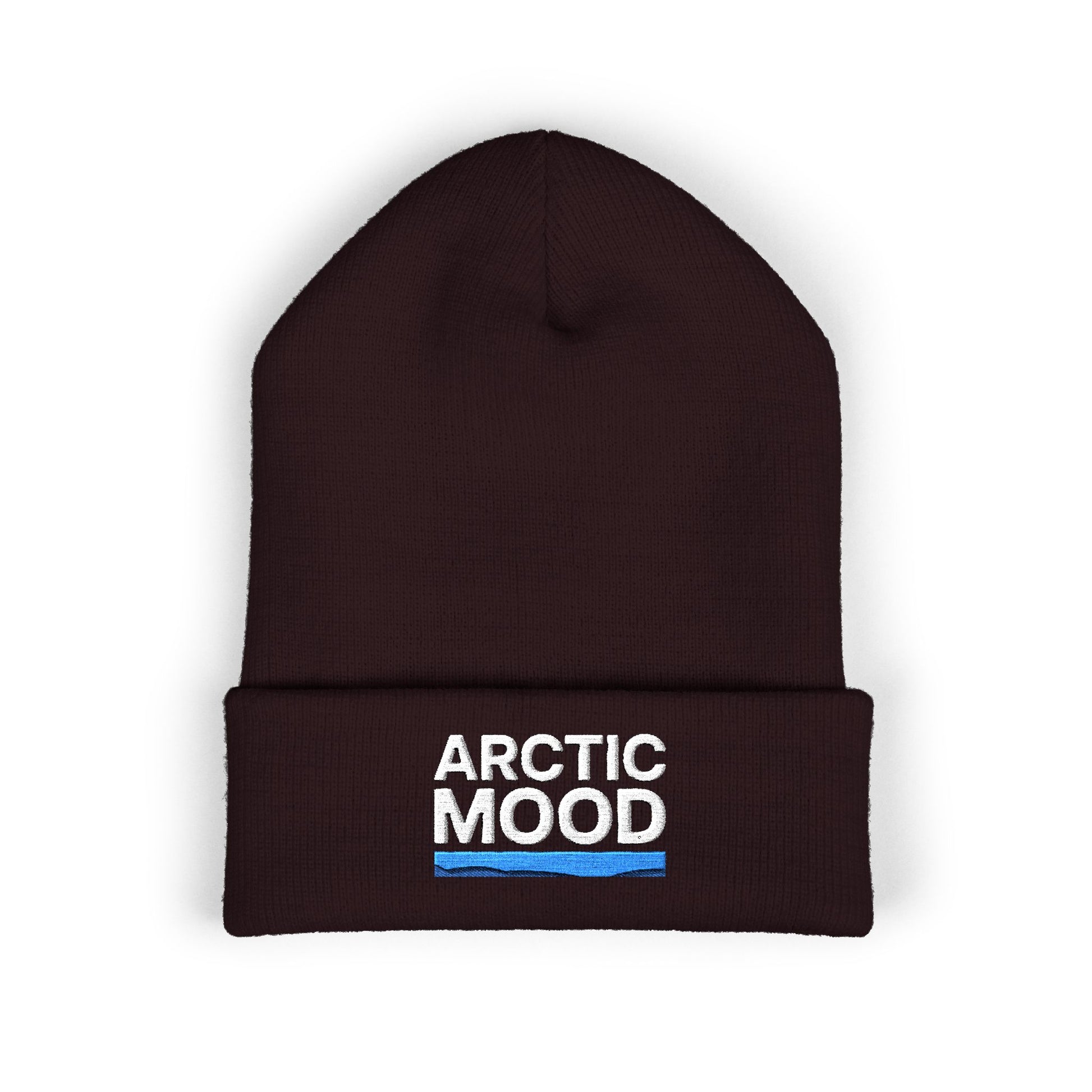 Black beanie with 'Arctic Mood' text on a white background