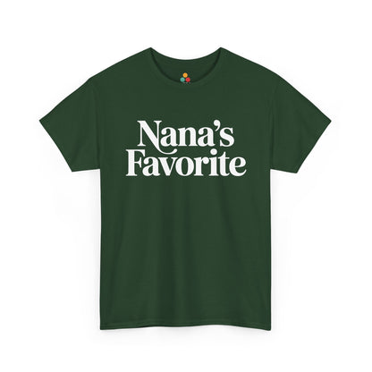 Forest green t‑shirt with white “Nana’s Favorite” typography, flat view.