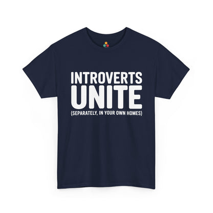 Navy blue t-shirt with white text 'INTROVERTS UNITE (SEPARATELY, IN YOUR OWN HOMES)' on a white background | TEEZOCA