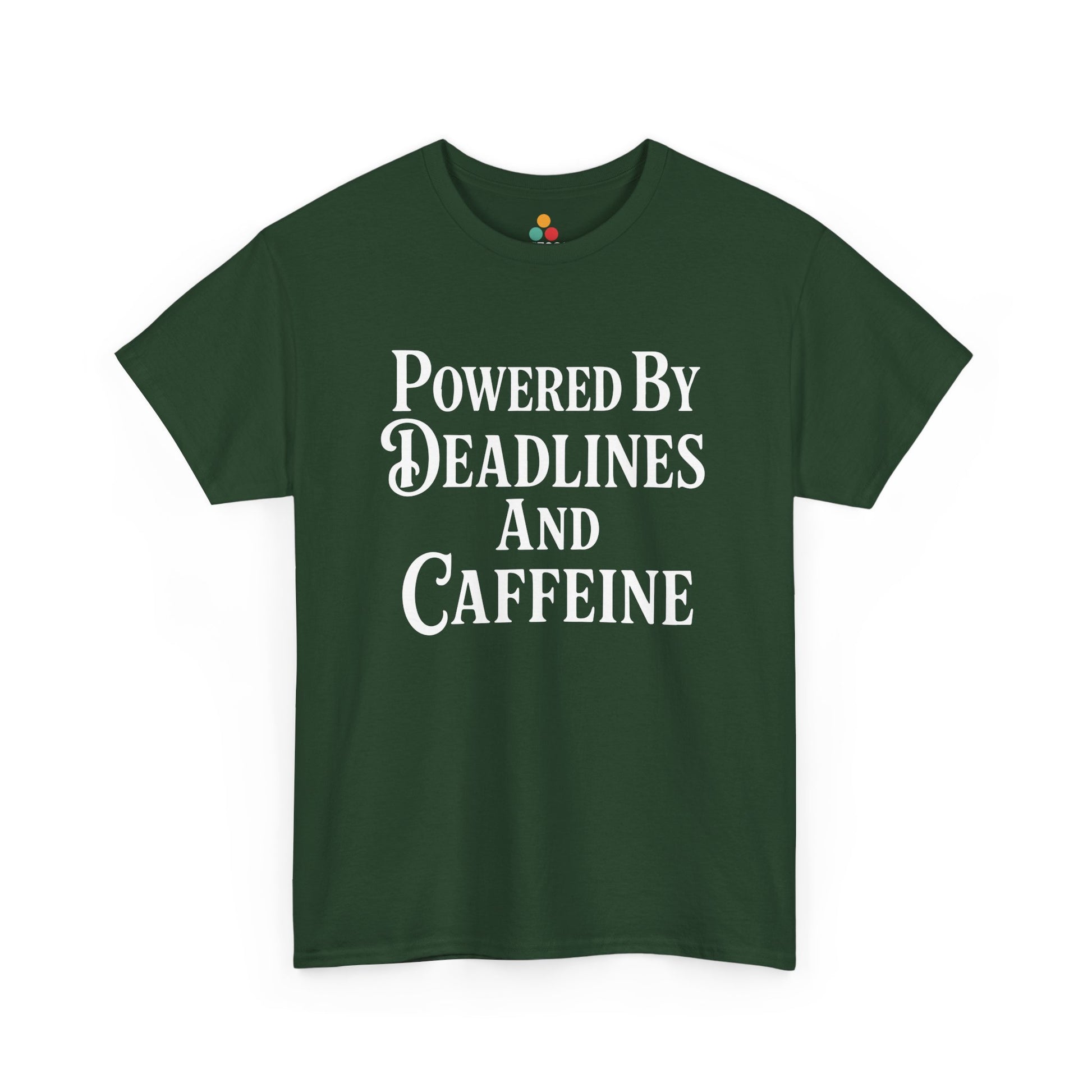 "Brown graphic tee featuring white 'Powered By Deadlines and Caffeine' vintage-style text, flat front."

