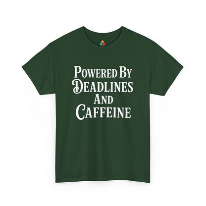 "Brown graphic tee featuring white 'Powered By Deadlines and Caffeine' vintage-style text, flat front."

