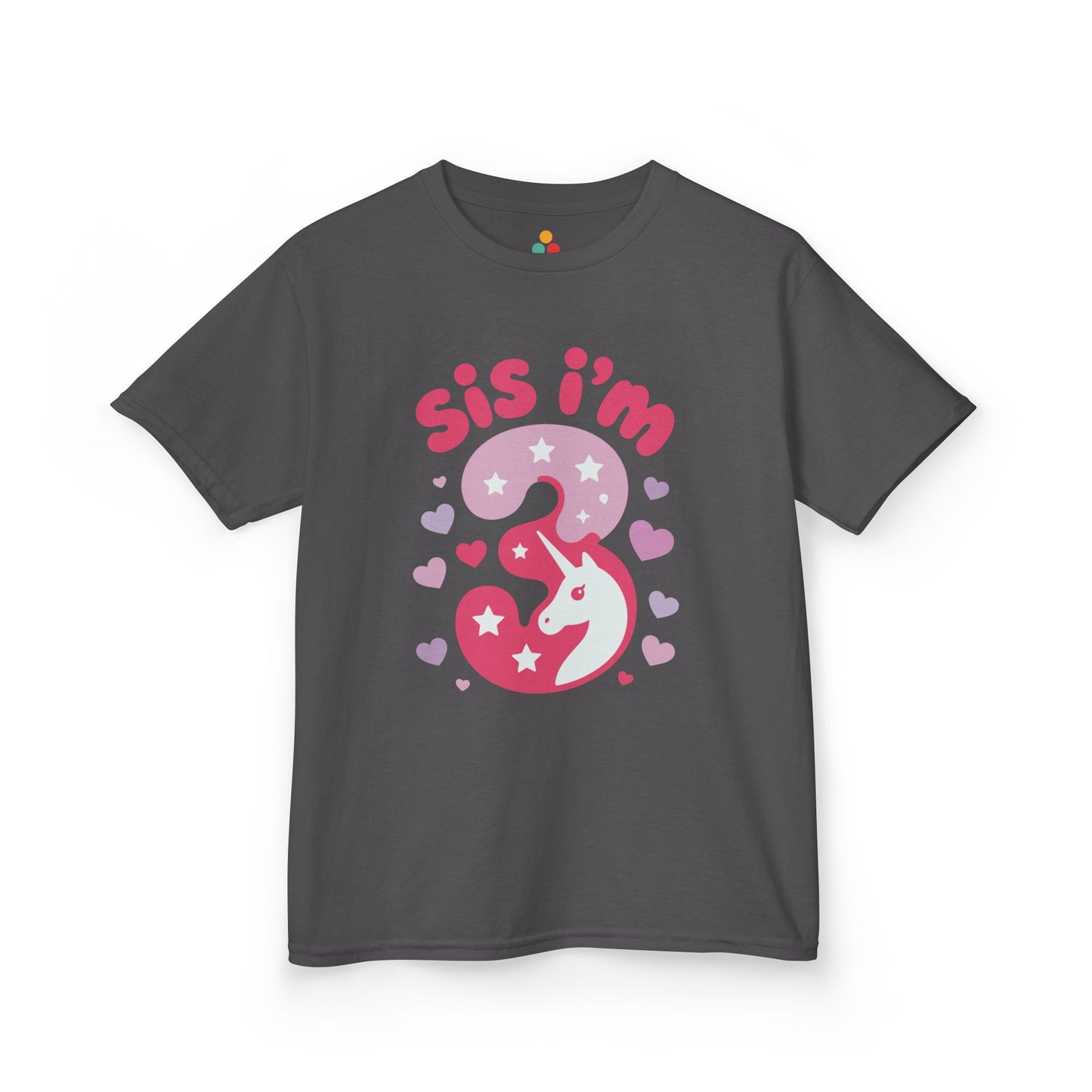 Gray 'Sis I'm 3' unicorn birthday shirts with pink number 3 and hearts, flat front view."