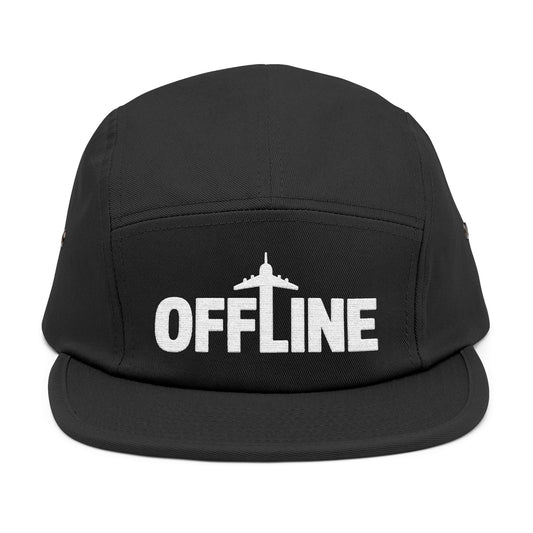Black cap with 'OFFLINE' text on a white background. Embroidered OFFLINE airplane graphic on black 5-panel cap. TEEZOCA