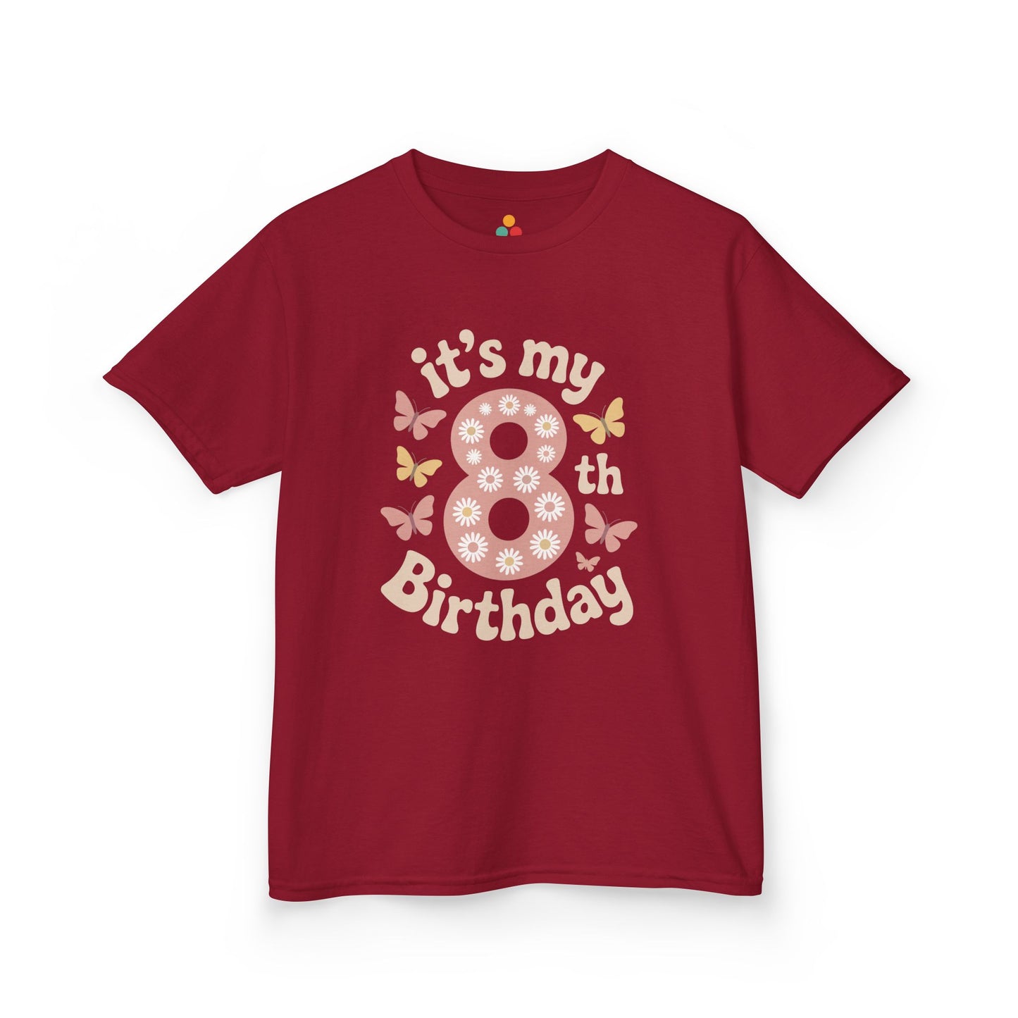 “Red ‘it’s my 8th Birthday’ kids shirt featuring pink flowered 8 and butterflies, flat front view.”