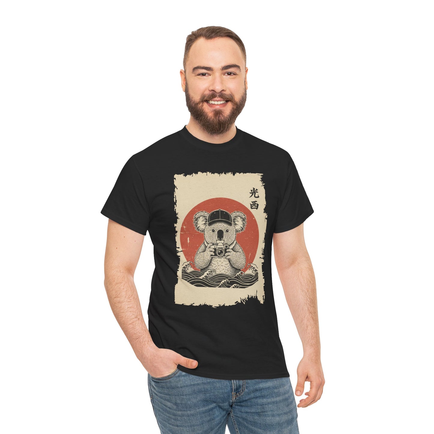 Vintage Japanese ukiyo-e style koala holding camera with red sun and waves.​ On Black men  shirt