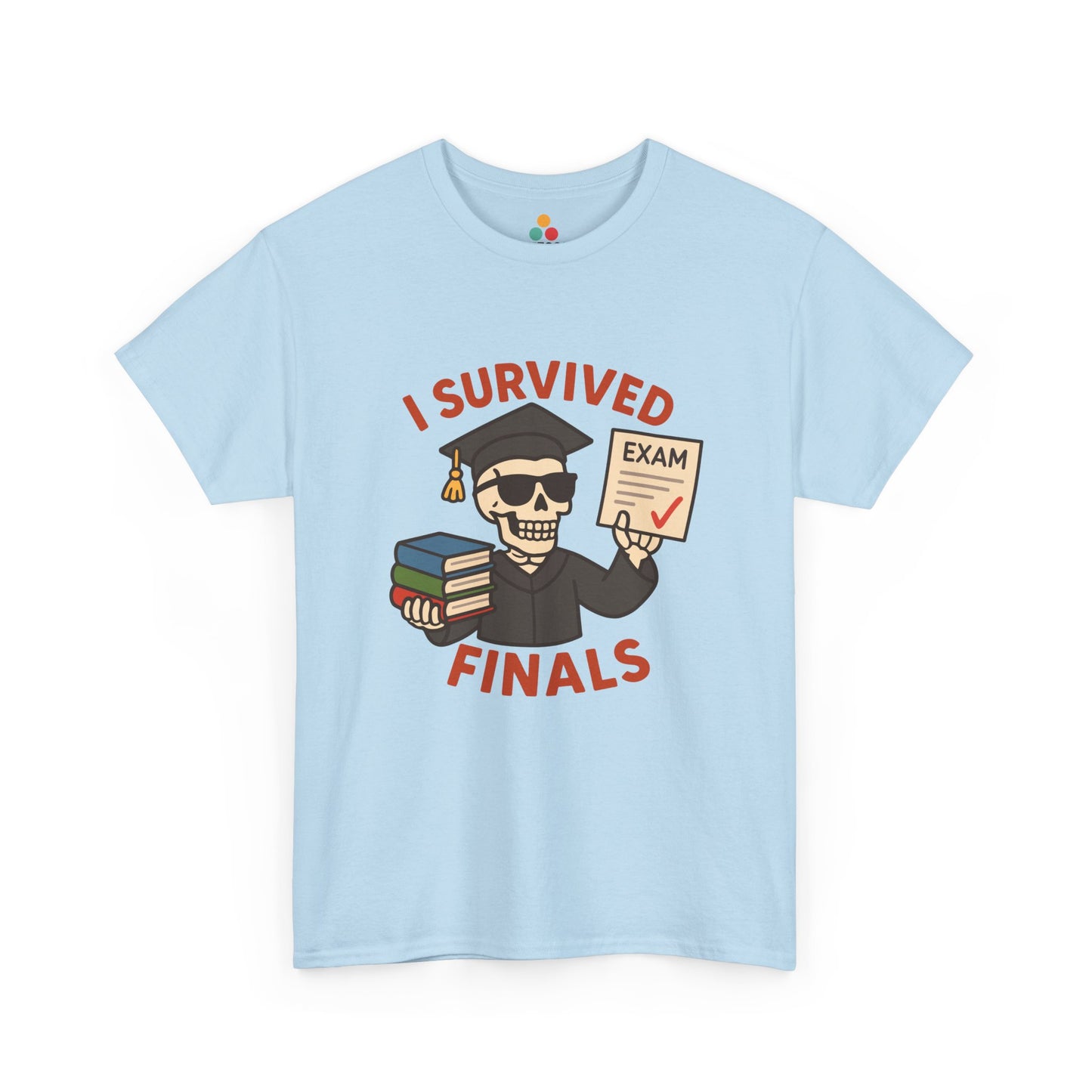 Light blue t-shirt with a graphic of a skeleton in a graduation cap and gown, holding books and a checkmark, with text 'I Survived Finals'.