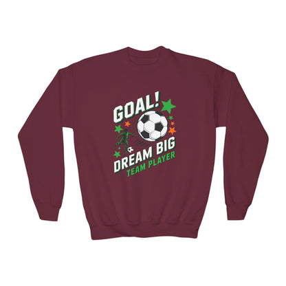 Youth Soccer Crewneck Sweatshirt — "Goal! Dream Big Team Player" TEEZOCA