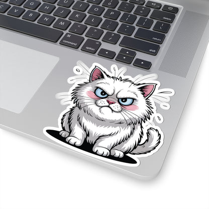 TEEZOCA grumpy white cat cartoon sticker with angry expression