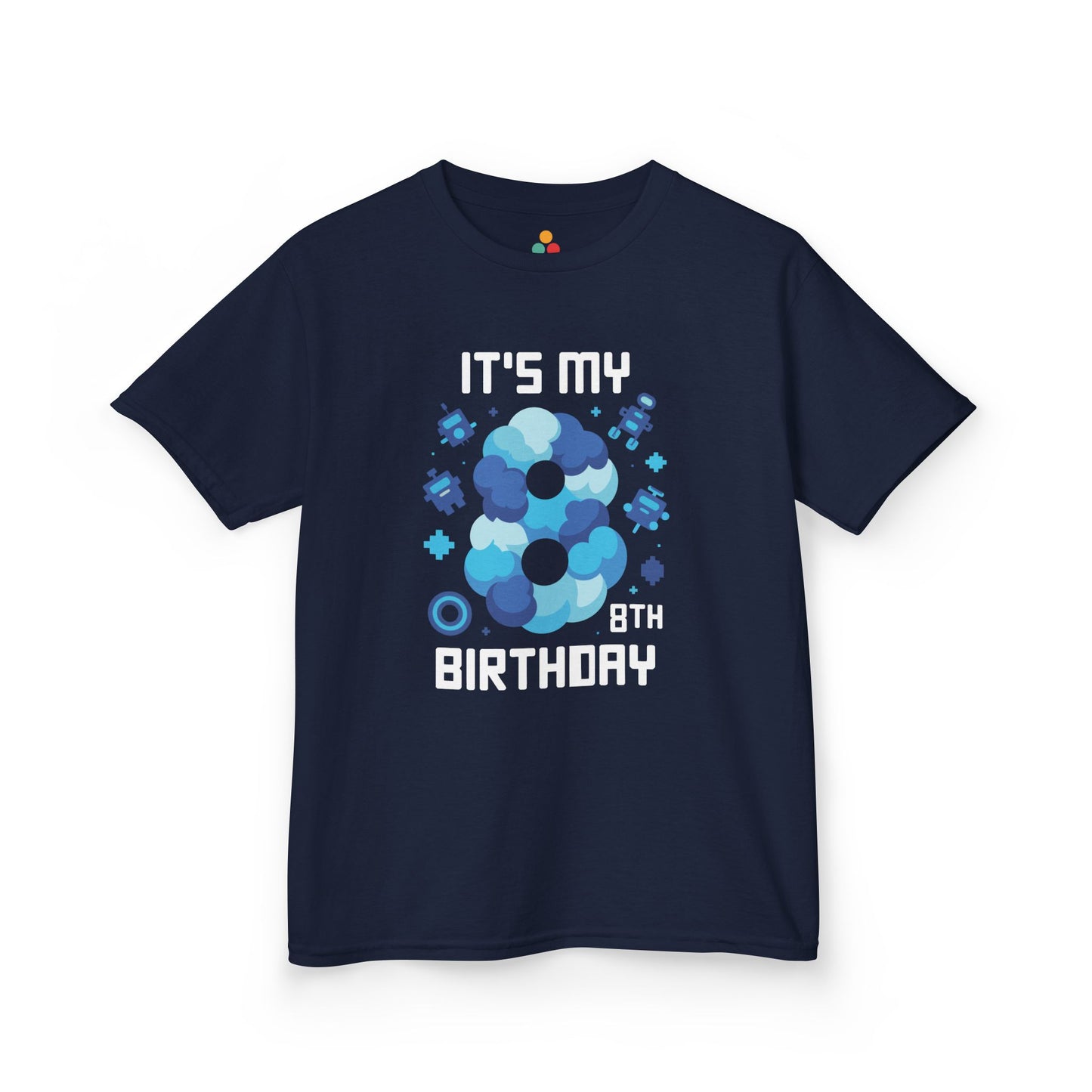 “Navy blue ‘It’s My 8th Birthday’ gaming shirt with blue 8 and pixel details, children’s 8th birthday tee, front view.”
