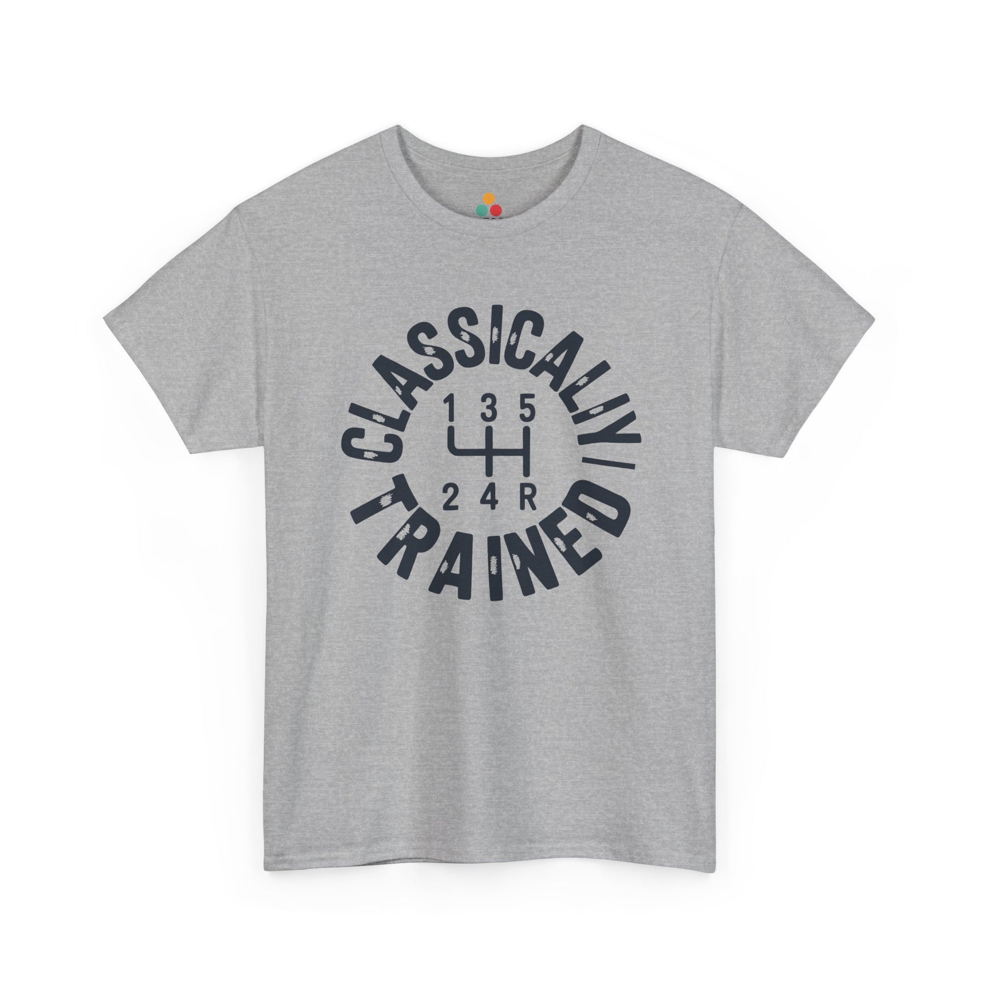 Light gray t‑shirt featuring circular “Classically Trained” manual shift pattern design, flat front view.