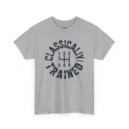 Light gray t‑shirt featuring circular “Classically Trained” manual shift pattern design, flat front view.
