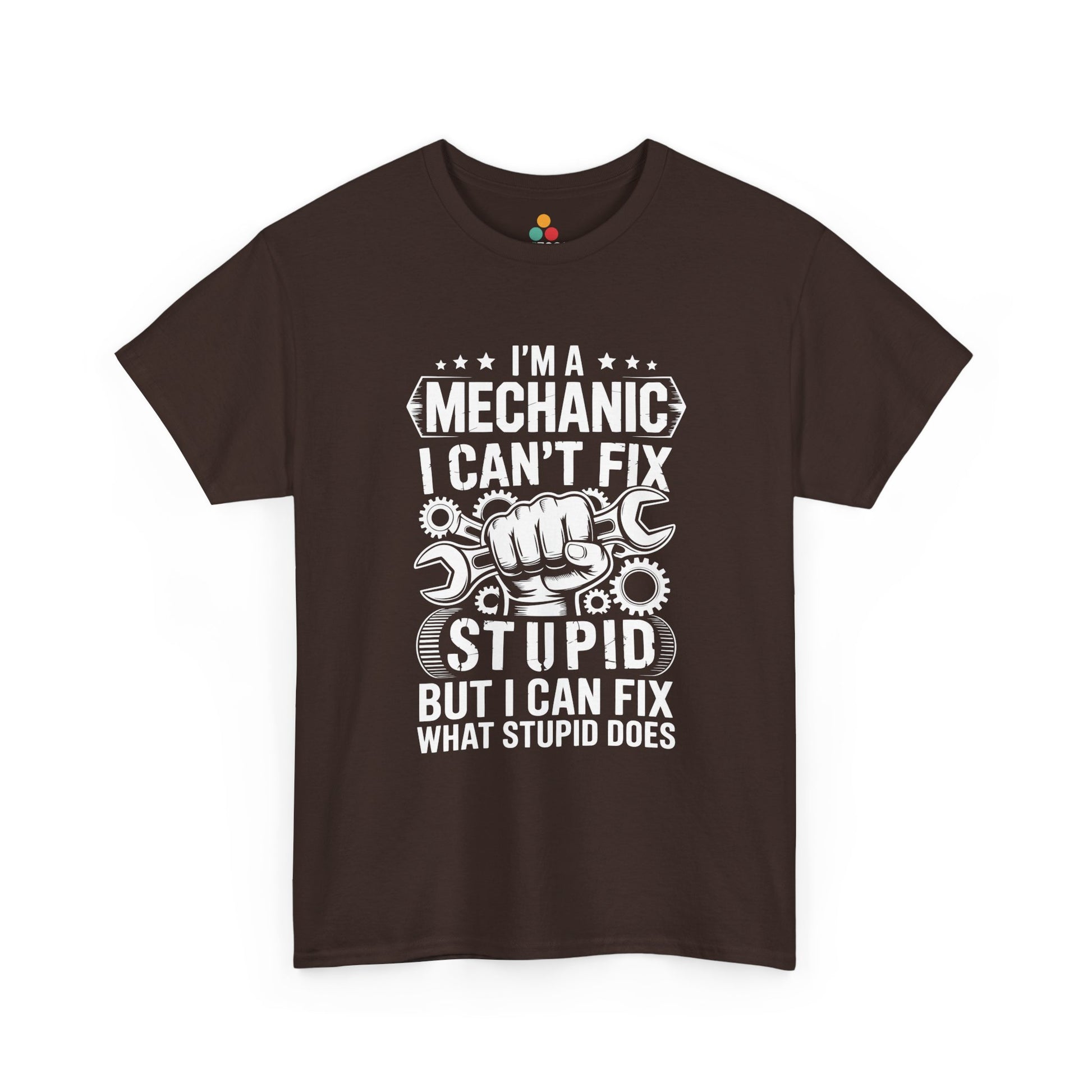 “Teezoca mechanic I Can’t Fix Stupid shirt, white gear and wrench design with sarcastic quote, maroon tee, flat front display.”
