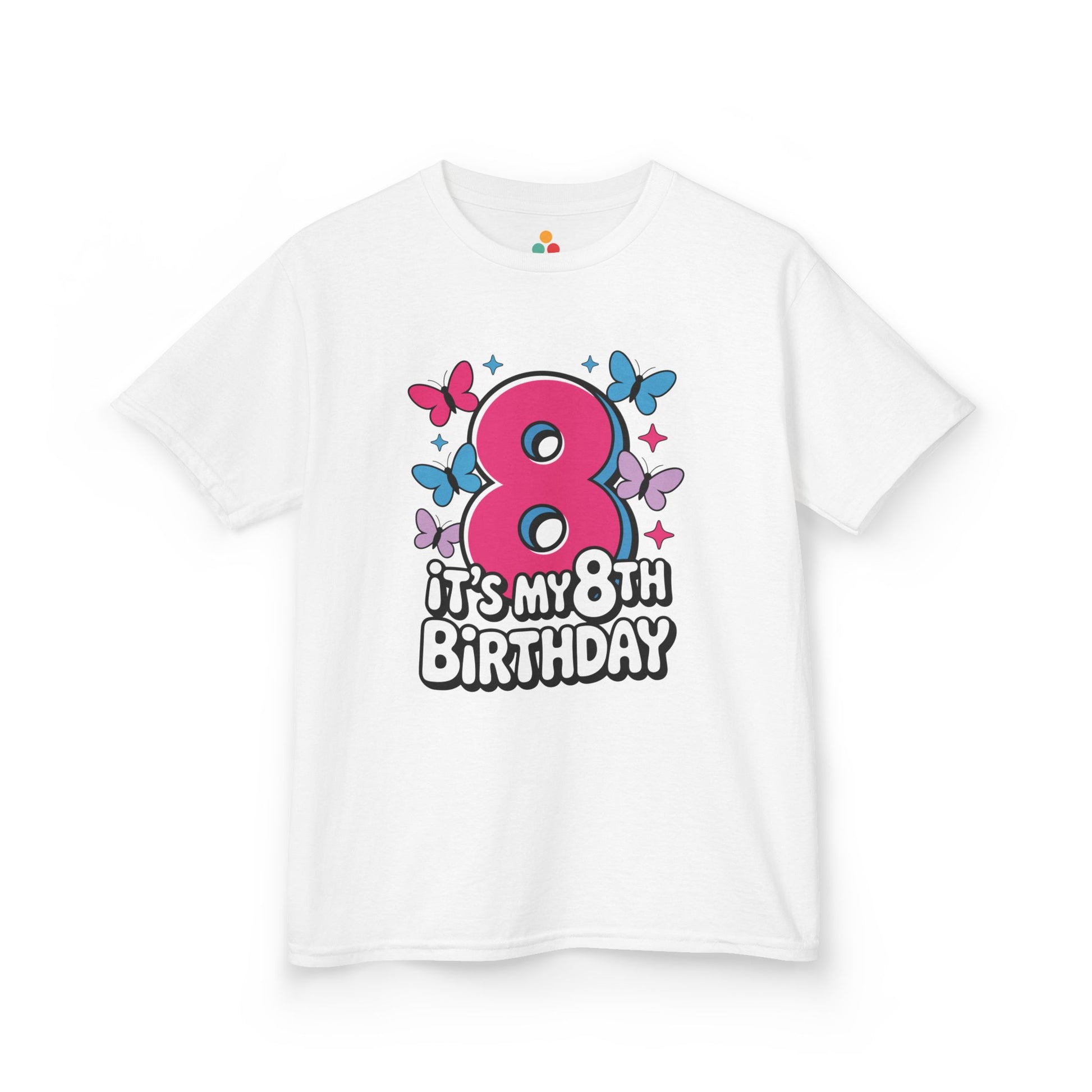 “White ‘It’s My 8th Birthday’ t-shirt with big pink number 8, colorful butterflies and stars, kids birthday design, flat front view.”

