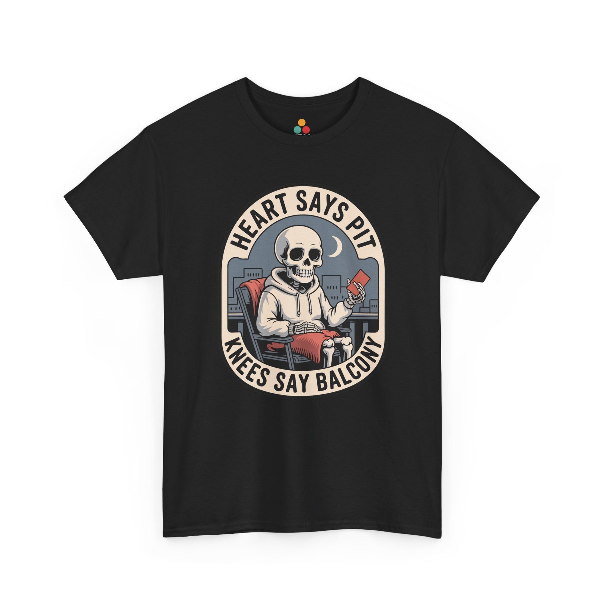 Black t-shirt mockup with skeleton boxing gloves heart says pit knees say balcony badge, front print.​

