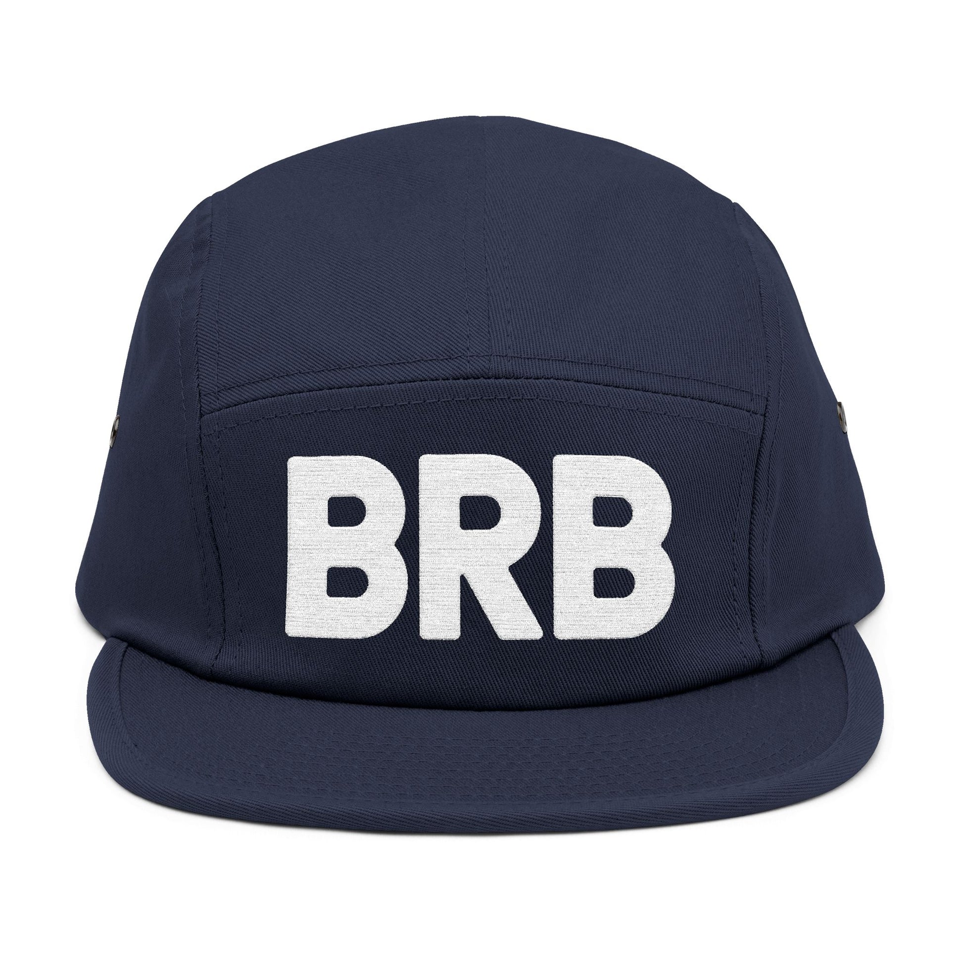 Navy blue cap with 'BRB' in white on a white background. Minimal embroidered BRB lettering artwork. TEEZOCA