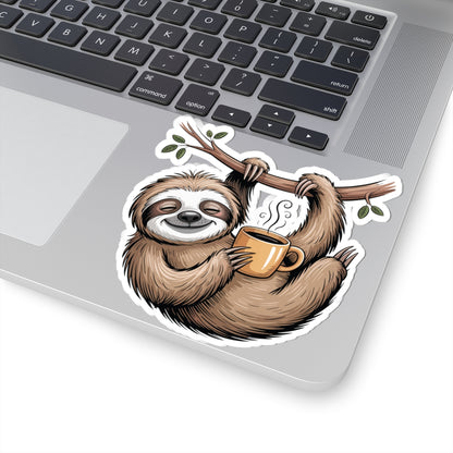 TEEZOCA cute sloth coffee sticker showing a relaxed sloth holding a warm mug