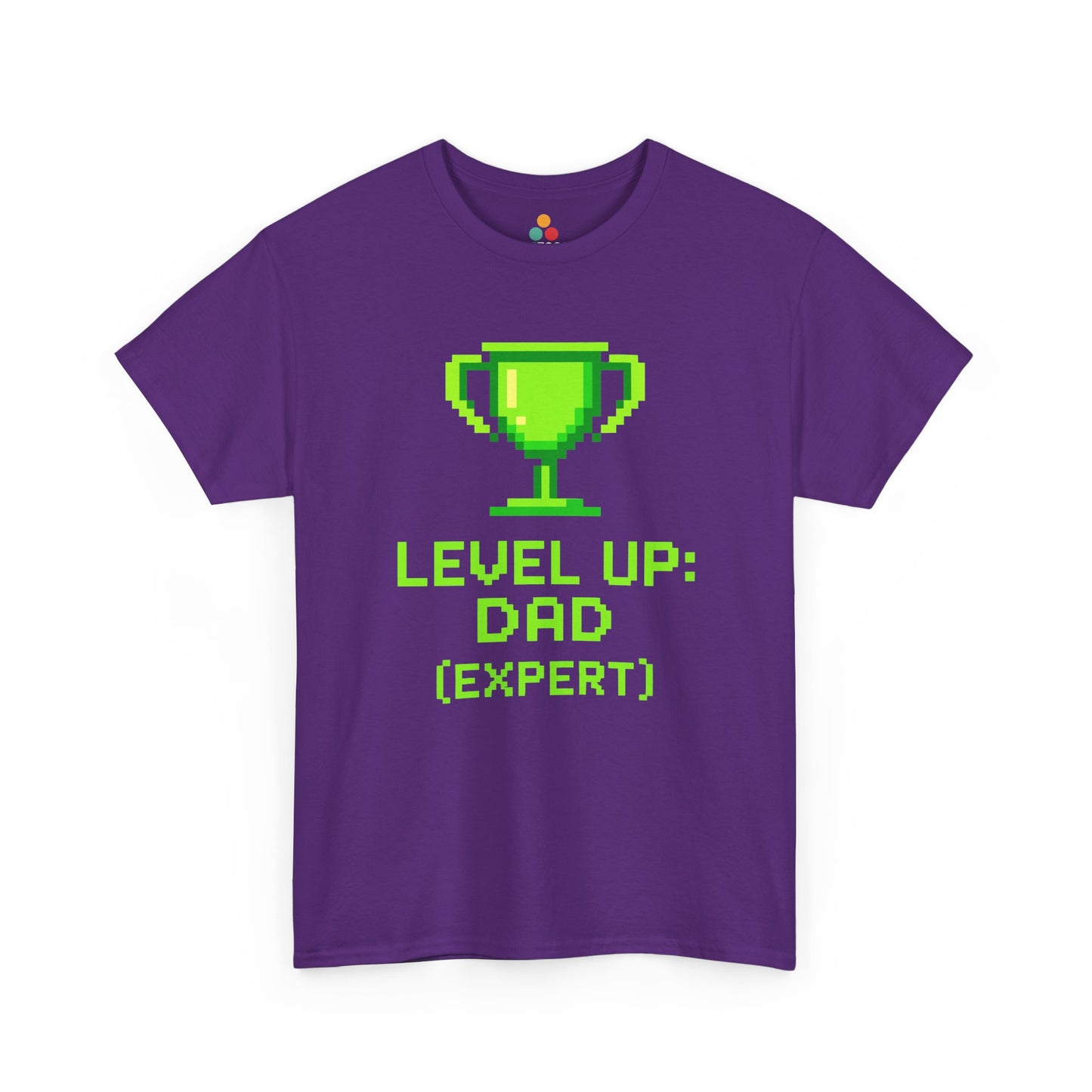 “purple ‘Level Up: Dad (Expert)’ tees with neon trophy design, flat view.”

