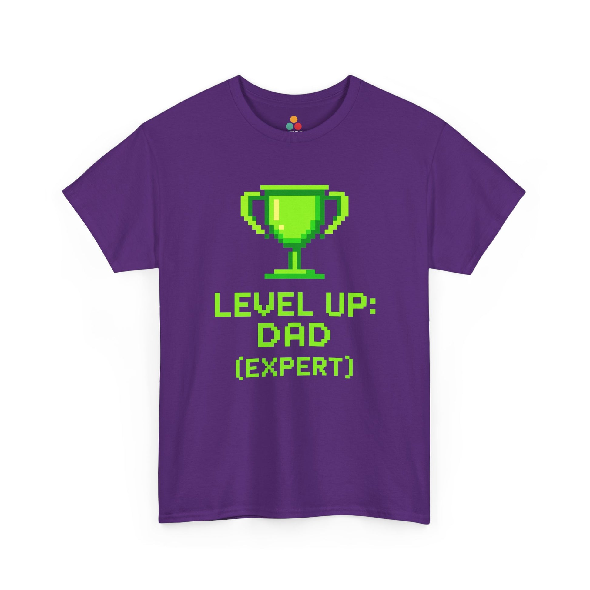 “purple ‘Level Up: Dad (Expert)’ tees with neon trophy design, flat view.”

