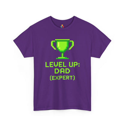 “purple ‘Level Up: Dad (Expert)’ tees with neon trophy design, flat view.”

