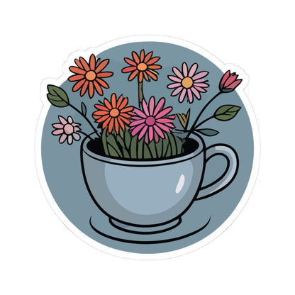 TEEZOCA cozy floral tea cup sticker with colorful daisy flowers and cottagecore aesthetic