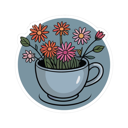 TEEZOCA cozy floral tea cup sticker with colorful daisy flowers and cottagecore aesthetic