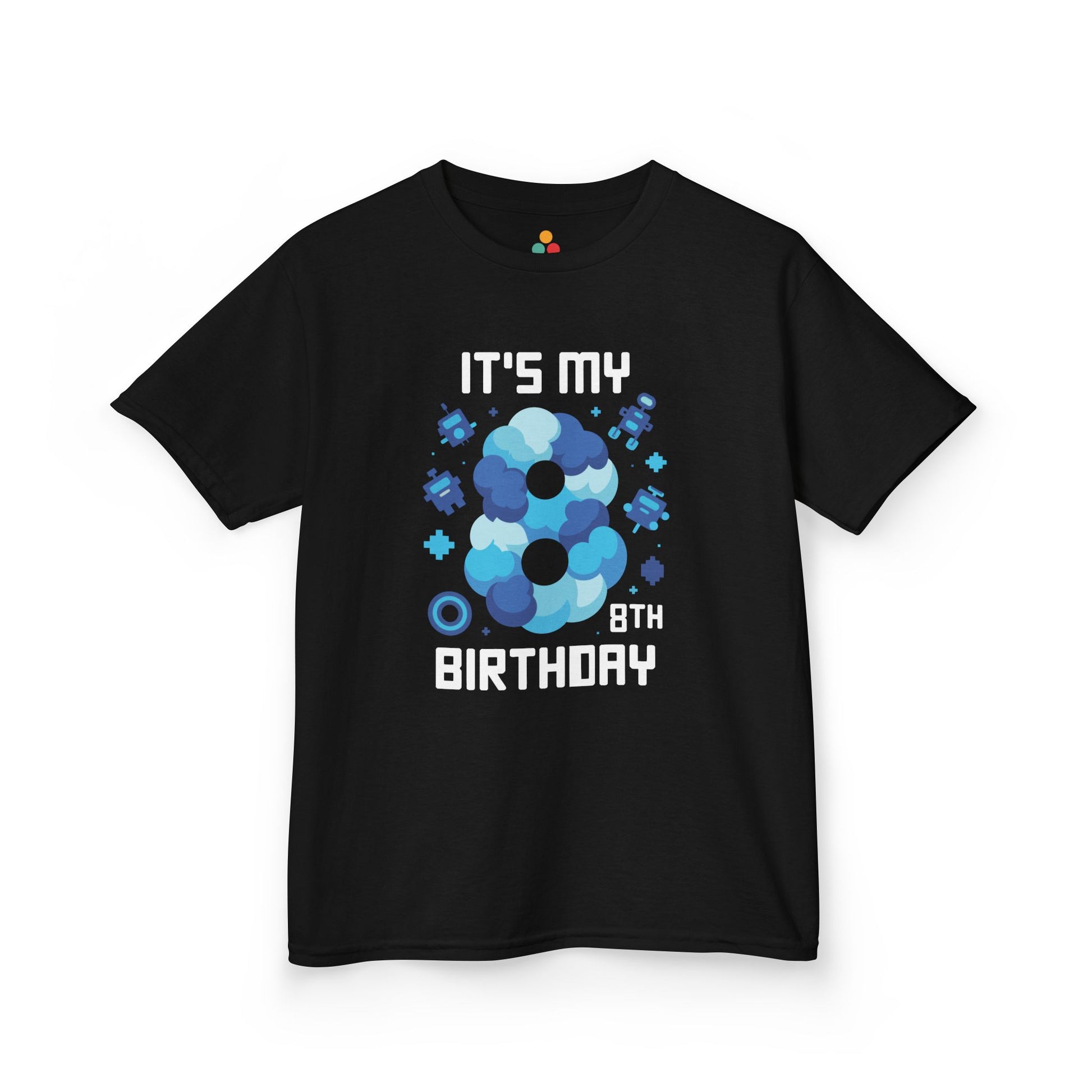 “Black ‘It’s My 8th Birthday’ t‑shirt with large blue cloud‑style number 8 and pixel robots, kids gaming birthday design, flat front view.”

