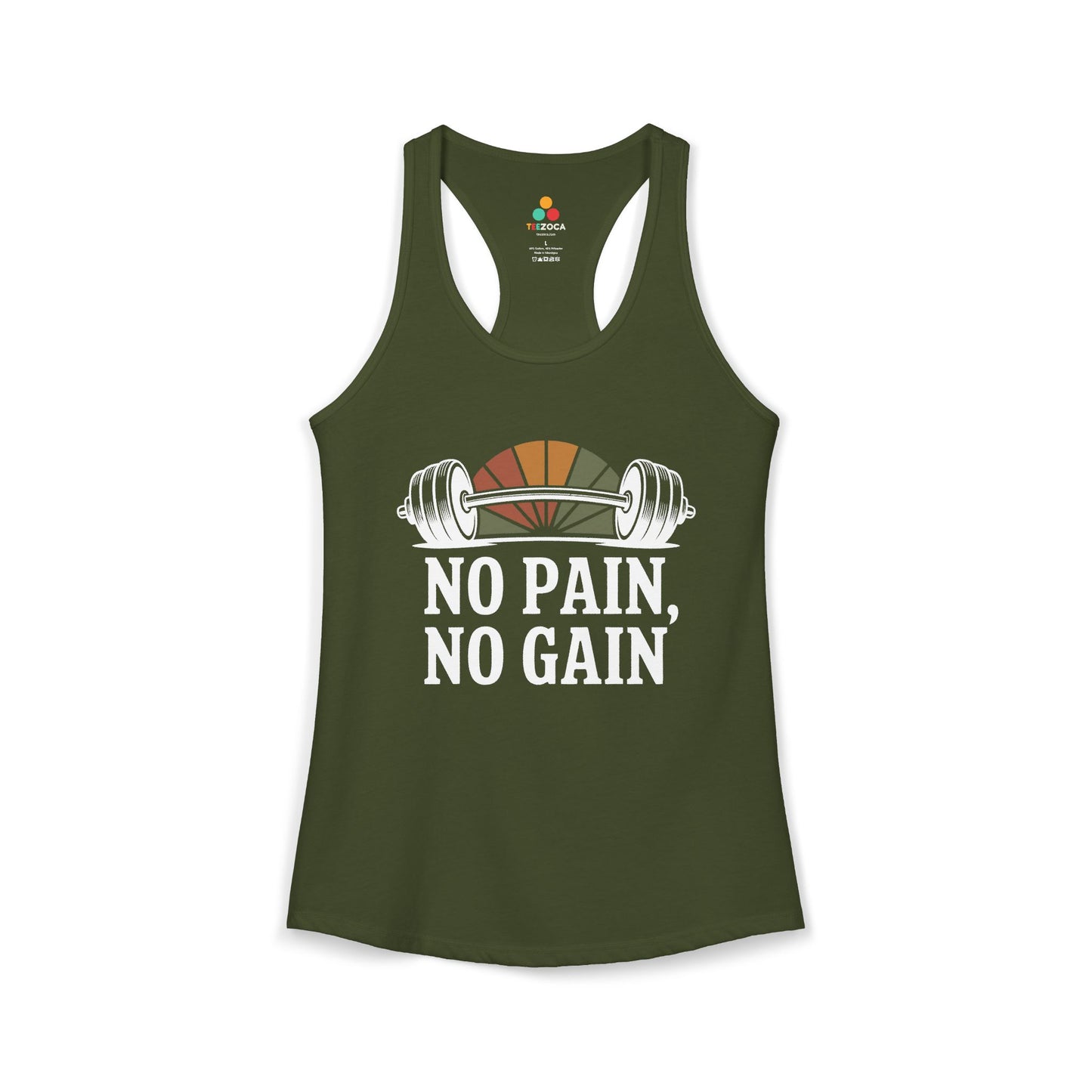TEEZOCA women’s gym tank top with “No Pain No Gain” barbell fitness design