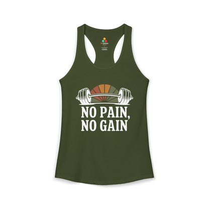 TEEZOCA women’s gym tank top with “No Pain No Gain” barbell fitness design