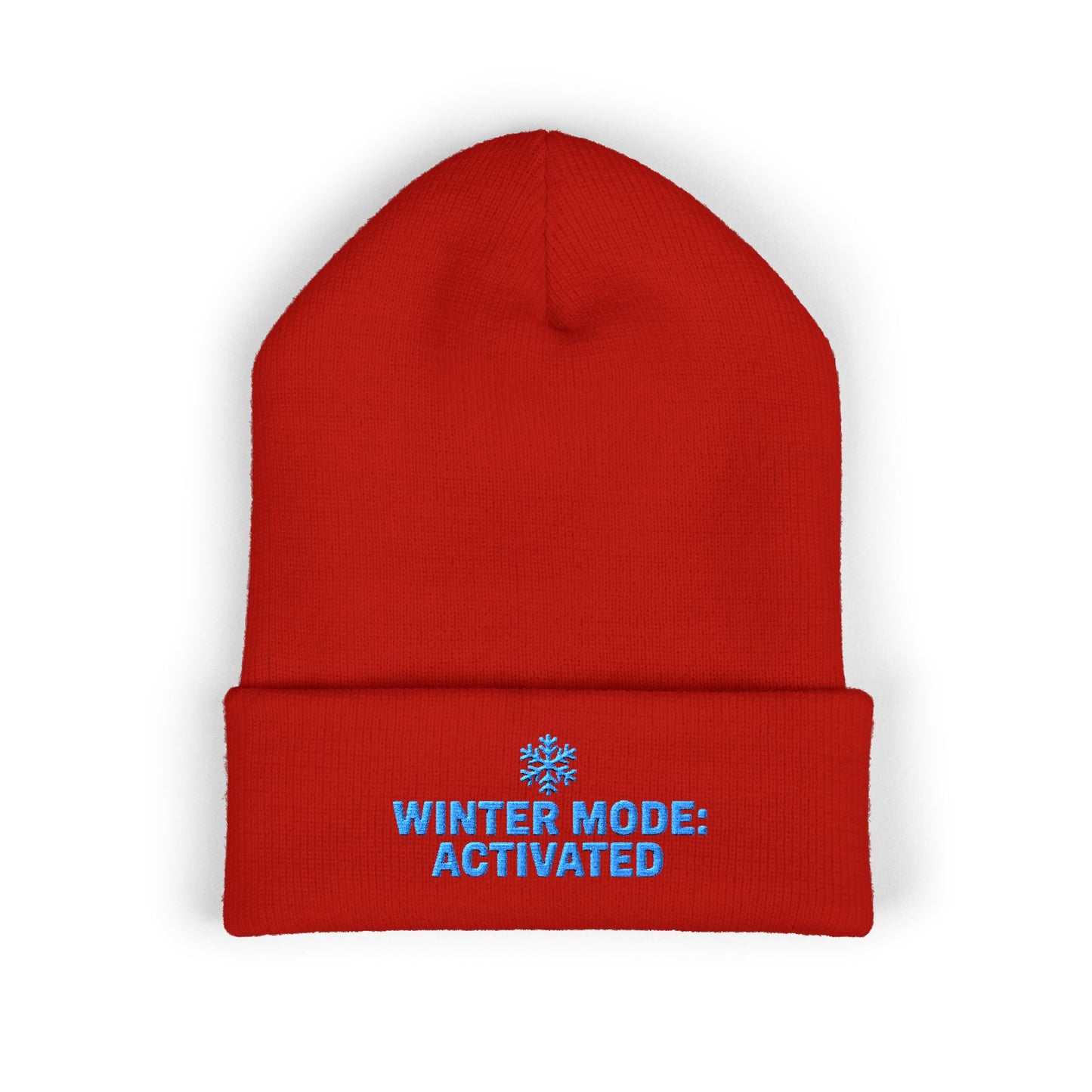 Red beanie with 'Winter Mode: Activated' text on a white background. Cozy embroidered beanie featuring Winter Mode Activated design