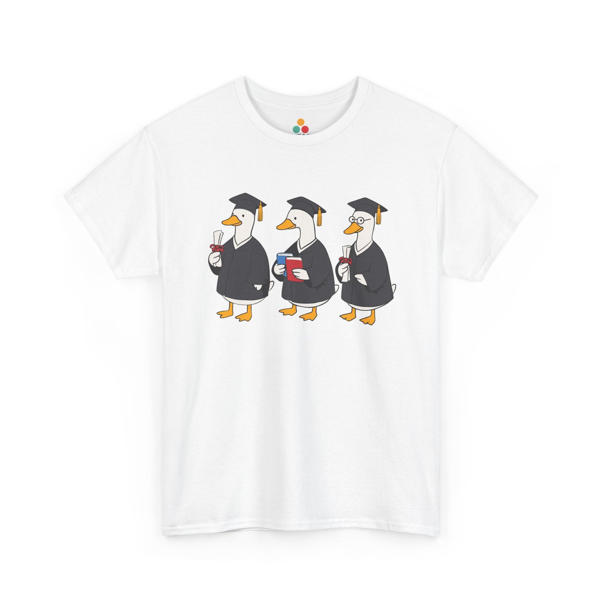 TEEZOCA white t‑shirt with three cartoon graduation ducks in caps and gowns shown flat.