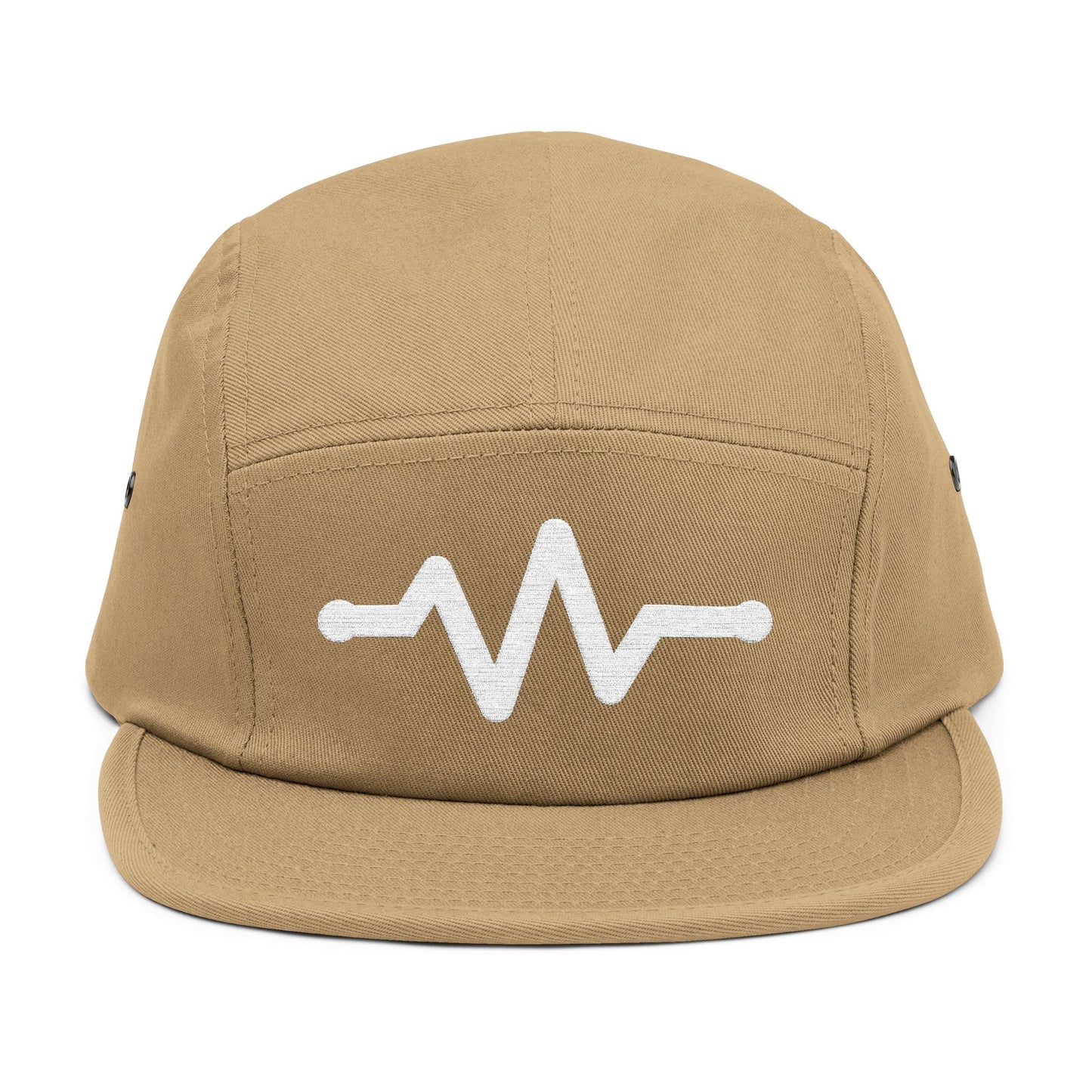 Tan cap with a white logo on a white background. Minimal pulse line embroidered on beige five-panel cap. TEEZOCA