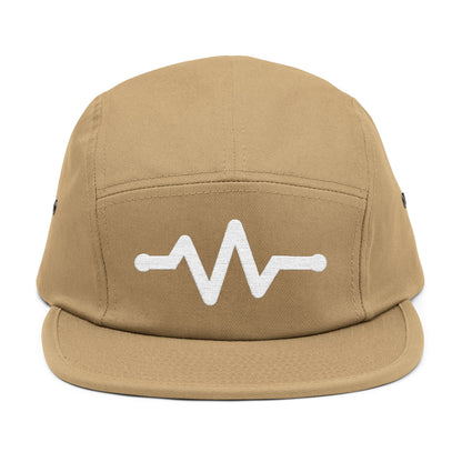 Tan cap with a white logo on a white background. Minimal pulse line embroidered on beige five-panel cap. TEEZOCA