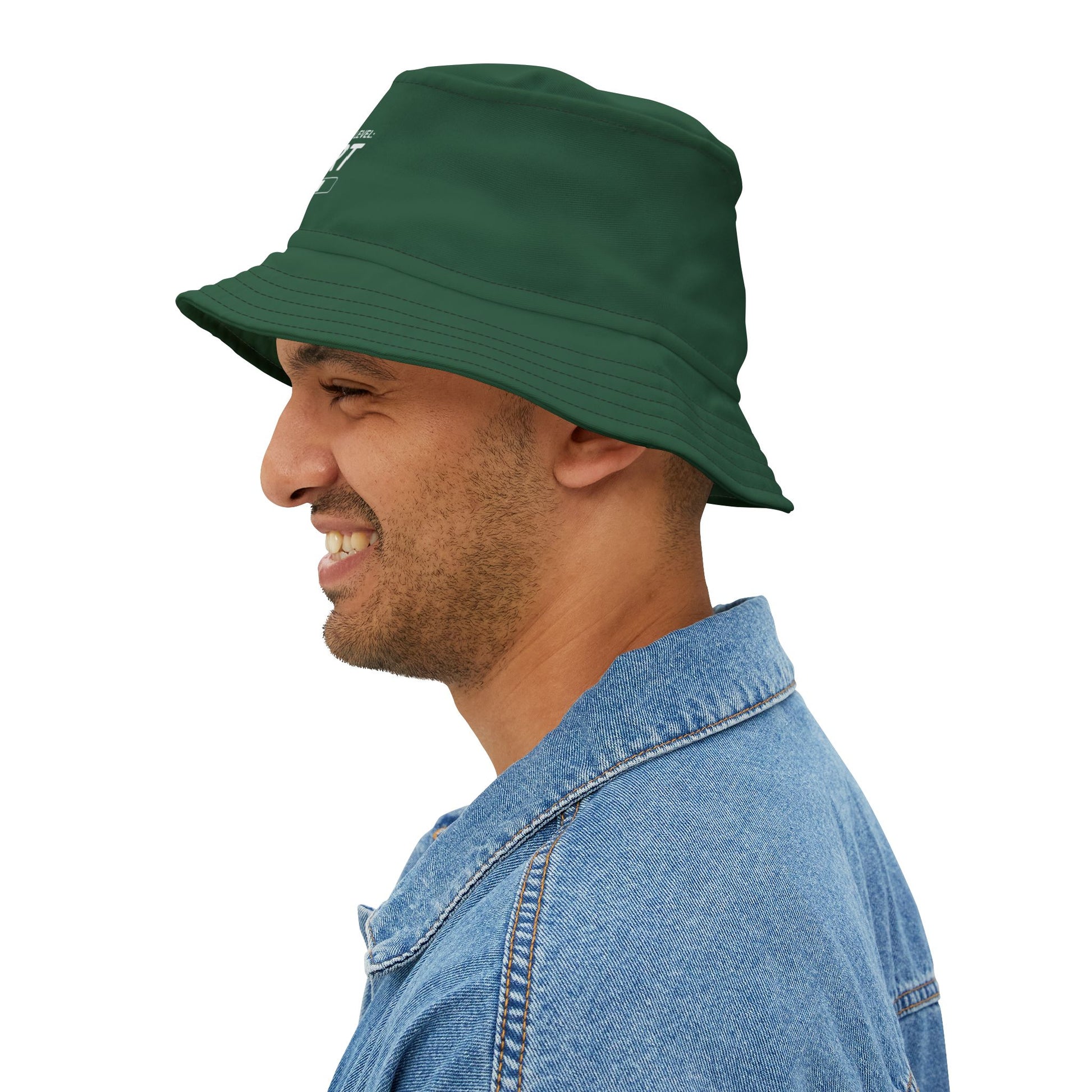 Funny sarcastic green bucket hat with 'Procrastination Level: Expert' text on a white background. TEEZOCA